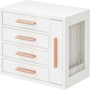 여성용 후브로 주얼리 박스 투명 창문이 있는 나무 정리함 4겹 귀걸이 목걸이 반지 화이트 및 골드용 홀더