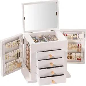 프로케이스 대형 주얼리 박스 여성용 5겹 나무 서랍용 귀걸이 목걸이용 거울이 있는 홀더 정리함 보관