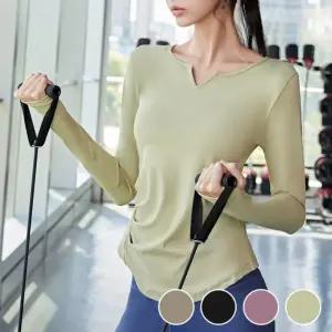 여성 다양한 솔리드 운동 넥라인 요가복 포인트 셔링 하트 긴팔