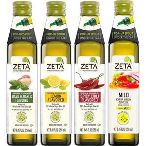 제타 엑스트라 버진 올리브 오일 버라이어티 팩, 8.5온스(4팩) | 바질 & 마늘, 레몬, 핫 페퍼 & EVOO | 팝업 스파우트가 있는 프리미엄 유리병 | 콜드 프레스 | 스페인 제품 | 베이킹, 요리, 그릴, 로스팅, 파스타