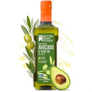 베터바디 푸드 정제 아보카도 올리브 오일 50/50 블렌드, 비-GMO 식용유, 텐 프리, 코셔, 튀김, 베이킹, 500mL, 16.9 Fl Oz