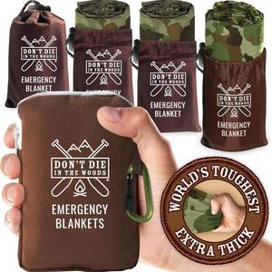 돈 다이 인 더 우즈 - 세계 u2019 가장 튼튼한 비상 담요 [4팩] 엑스트라 두꺼운 써멀 마일라 우주 담요 - 하이킹 캠핑 응급 처치 키트(카모)를 위한 10가지 필수 야외 생존 장비 중 하나