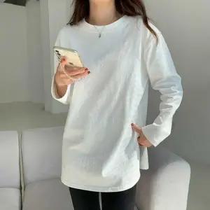 여성용 트임 사이드 라운드넥 긴팔 무지 티셔츠 봄철 루즈핏 후드티 여성봄 프릴 여자봄 티셔츠 레이스