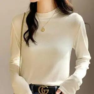 슬림핏 여성용 라운드넥 긴팔 이너 티 봄철 기본 레이어드 셔츠 여성봄 티셔츠 입술넥 여자봄 크롭 탑