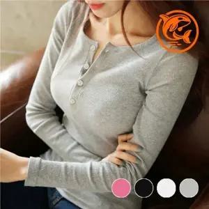 봄 가을 필수 슬림핏 긴팔 여성 티셔츠 버튼 드레이프 컷팅 스타일