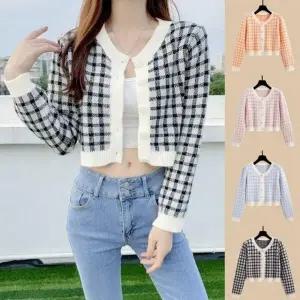 컬러 체크 크롭 가디건 봄자켓 여성 니트 라운드 라운드니트 봄자켓 니트가디건 여성 크롭가디건