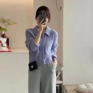 카라 니트 가디건 골지 여성 봄 가을 데일리 심플 가을 골지 여성 가디건 봄 루즈핏 니트 예쁜 연보라