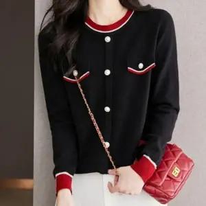 ( )배색 니트 가디건 여성 봄 가을 라운드넥 블랙 티셔츠 가을 라운드 봄 여자 그린색 초록 여성 니트