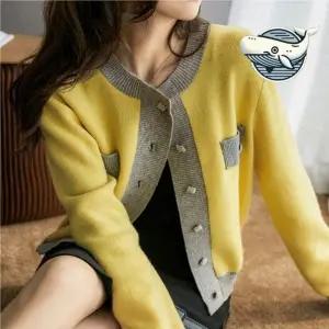 ( )봄가을 여성 울 가디건 노란색 단추 포켓 여자 봄 여성 두툼 가디건 가을 니트 넥 울 라운드