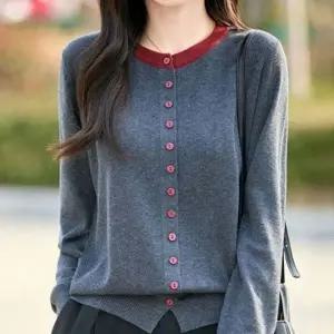 (색상 네이비)컬러 라운드 배색 니트 가디건 봄 가을 겨울 아우터 잠바 점퍼 여성 외투 의류 외투 여성 아