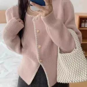 스퀘어넥 버튼 니트 가을 봄 긴팔 가디건 금장 벚꽃놀이 여자 데이트룩 가디건 니트 스퀘어넥 봄코디 여성