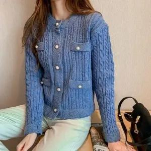 ( )여성용 봄가을 꽈배기 니트 가디건 오피스 캐주얼 블루 봄가디건 여성 부드러운가디건 가을가디건