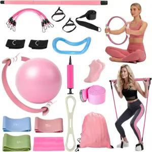 초보자를 위한 9피스 가정용 필라테스 키트 링 요가 볼 저항 밴드 및 바가 포함된 완벽한 장비 세트