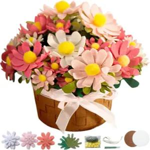 바지마 DIY 펠트 플라워 아트 공예 키트 데이지 포트 분재 33 꽃 선물 초보자 미리 자르는 꽃과 잎사귀