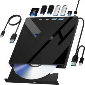 Wbacon 7 in 1 노트북용 외장 CD/DVD 드라이브 SD/TF 포트가 있는 휴대용 DVD 플레이어 USB 3.0/타입 C가
