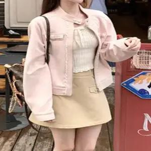 EAMT 여사친 분홍 가을 쇼트 루즈핏 야구 코트 긴팔 톱 점퍼 세무 EUNG3