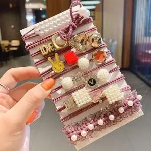 진주 큐빅 헤어밴드 팔찌 머리끈 고무줄 11p 진핑크 골프 머리끈