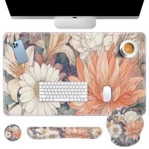 브리튼즈 보호 에스테틱 플라워 키보드 마우스 패드 세트 오렌지 화이트 플로럴 4in1 대형 마우스패드+키보드 손목 받침대+마우스 받침대+홈 오피스 컴퓨터용 인체공학적 디자인 35.