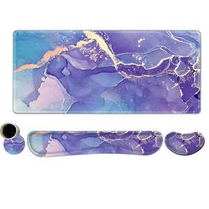 딩키 키보드 마우스 패드 세트, 대형 게이밍 + 메모리 폼 인체공학적 손목 받침대 지원, 쉬운 타이핑 , 4Pcs(35.4인치 x 15.7인치) 확장 책상 매트 모던 퍼플 마블