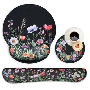 손목 받침대 및 키보드 세트가 있는 MOLNESO 야생화 마우스 패드, 여성용 블랙 플로럴 인체공학적 메모리 폼 패드 세트, 사무용 책상 액세서리, 게임 용도