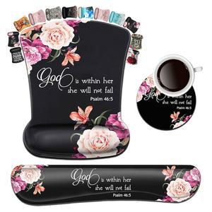 키보드 손목 받침대 패드와 인체공학적 마우스 패드 지지대 세트 시편 46:5 신은 그녀 안에 있습니다, 그녀는 게임을 위해 모란꽃을 피우지 않을 것입니다, 사무실, 편안함과 코스터