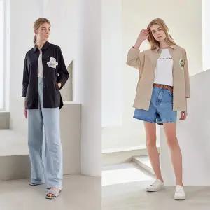 [크레송] 블랙+베이지 여성 아트웍 셔킷 2종세트 C232I201A2_BBE