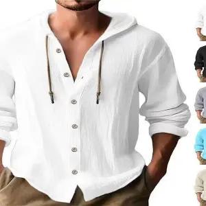 셔츠 마 남방 긴팔 봄 여름 남자 남성 단색 무지 린넨 리넨 루즈핏 얇은 후드가 달린 면과 혼방 소재의 흰