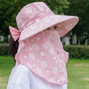 여성 햇빛가림 목덮개 넓은챙 리본장식 물방울무늬 야외활동 자외선차단 정원작업