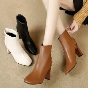 8cm 뒷지퍼 네모 앞코 중간굽 편한 여자 앵클부츠 여성부츠 가죽부츠 패션부츠 힐부츠