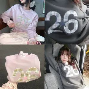 [모코블링]26스타 체크 자수 맨투맨 자수맨투맨 오버핏맨투맨 긴팔맨투맨 라운드넥 봄신상