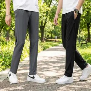 남성 쿨링 팬츠 슬림핏 캐주얼 밴딩 남성 일자 바지 스판 여름 트레이닝 헬스 바지 긴바지 쿨링