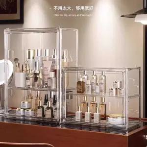 먼지방지 뚜껑형 화장품 수납함 탁상용 화장대 스킨케어 제품 정리대 아크릴 투명 방진 2단 수납장