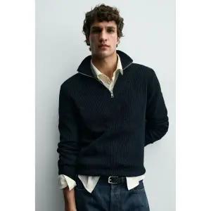 ZARA 펄 니트 지퍼넥 스웨터 - 네이비