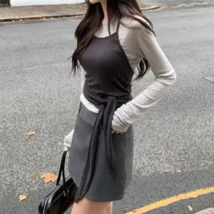 바로픽한 여성 시스루 긴팔 티셔츠 일체형 스트랩 베스트 세트 레이어드룩 꾸안꾸 봄 신상