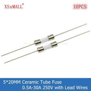 10개 5x20mm 고속저속 블로우 세라믹 튜브 퓨즈 리드선 포함 0.5A 1A 2A 3A 4A 5A 6.3A 8A 250V