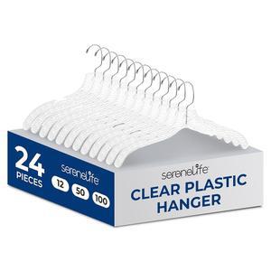 SecreenLife 24팩 투명 플라스틱 행거 회전 소매용 드레스 공간 클리어 및 어깨가 재킷용 옷 옷장 절약 미끄럼 고리 노치 방지 셔츠 있는 크리스탈 초박형
