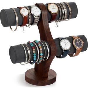 라탄뷰 2단 호두 팔찌 홀더 디스플레이 나무 시계 스탠드 정리함 T 바 랙 보관 타워 판매용 (그레이)