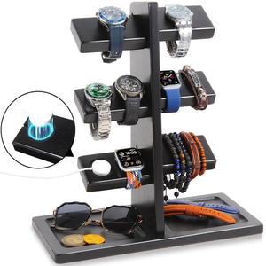 남성용 Xnwouco 시계 스탠드, 충전 홈이 있는 시계 디스플레이 스탠드, 나무 시계 홀더 스탠드, 반지용 보석 홀더 정리함, 보석, 동전 팔찌, 남성 여성을 위한 훌륭한 선물, 블랙