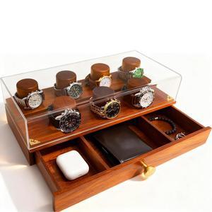 남성용 시계 디스플레이 케이스 - 서랍이 있는 7슬롯 2단 튼튼한 나무 시계 정리함, 투명 아크릴 먼지 커버, 시계, 보석 및 남성 u2019s 액세서리용 견고한 나무 홀더(모던)