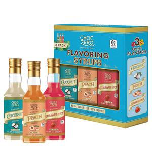 초크제로 무설탕 커피 시럽 여름 버라이어티 팩(3 10.8 플로즈), 몽크 프루트 스위트, 케토 친화적, 무설탕 알코올 u2013 코코넛, 복숭아, 딸기