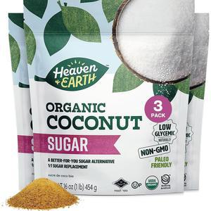천국과 지구 코코넛 슈가, 16온스(3팩) | 저혈당 | 정제되지 않은 설탕 대체품 | 천연 감미료 | 코코넛 야자 설탕