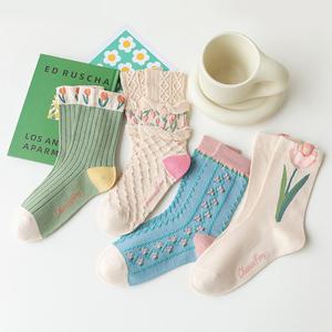 [4켤레+4켤레] 튤립 꽃자수 플라워 예쁜 여성양말 (총 8켤레세트)