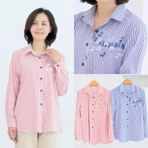 엄마옷 마미소 세로 줄 자수 남방 국내생산 간절기 스트라이프 할머니 빅사이즈 40 70 마담 중년 여성 옷