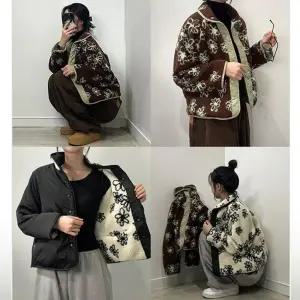 리버시블 후리스 플라워 뽀글이 자켓 여성 양면 점퍼 꽃무늬 덤블 겨울 바람막이 2color