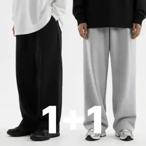 AnnLine 남녀공용 와이드 트레이닝 바지 커플 스웨트 팬츠 츄리닝 트레이닝복 운동복 남자 여자 세트