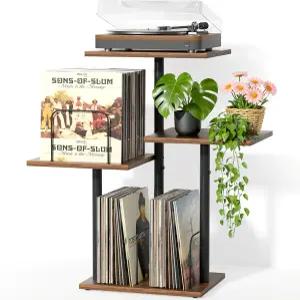 바이니 식물 레코드 플레이어 스탠드 비닐 보관함 LP 선반이 있는 목재 턴테이블 테이블 가구 앨범 정리기