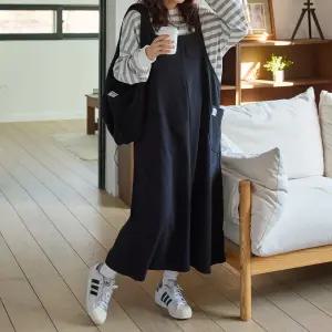 멜빵 뷔스티에 롱 원피스 스판 스퀘어넥 루즈핏 여성 빅사이즈