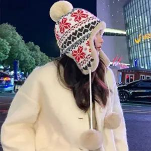 방울귀달이모자 눈꽃무늬 귀여운 니트 방울 귀달이모자 안감퍼 겨울철