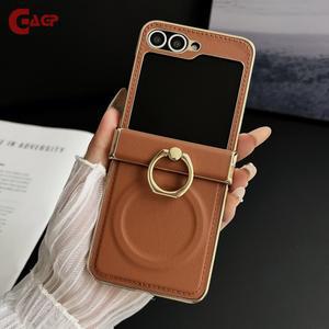 갤럭시 Z 플립7 플립 7 6 5 4 3용 고급 삼성 커버 보호 브래킷 가죽 케이스, 마그네틱 Z플립7FE용 링 스탠드 힌지