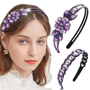 여성용 코리디 퍼플 라인스톤 머리띠 크리스탈 플로럴 비쥬얼 헤어밴드 더블 로우 논슬립 헤어 후프A퍼플